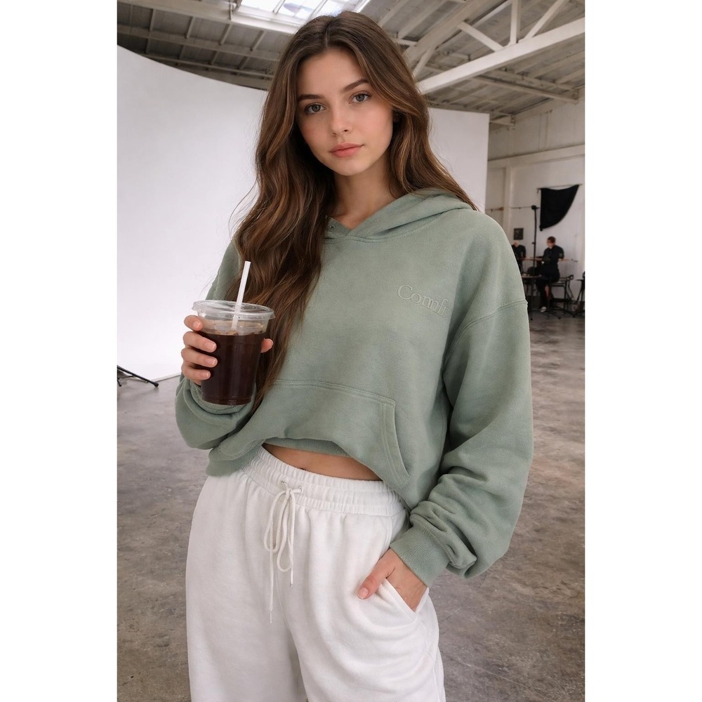 Comfort Sage Green Oversized Hoodie Embroidered Fleece Sweatshirt L